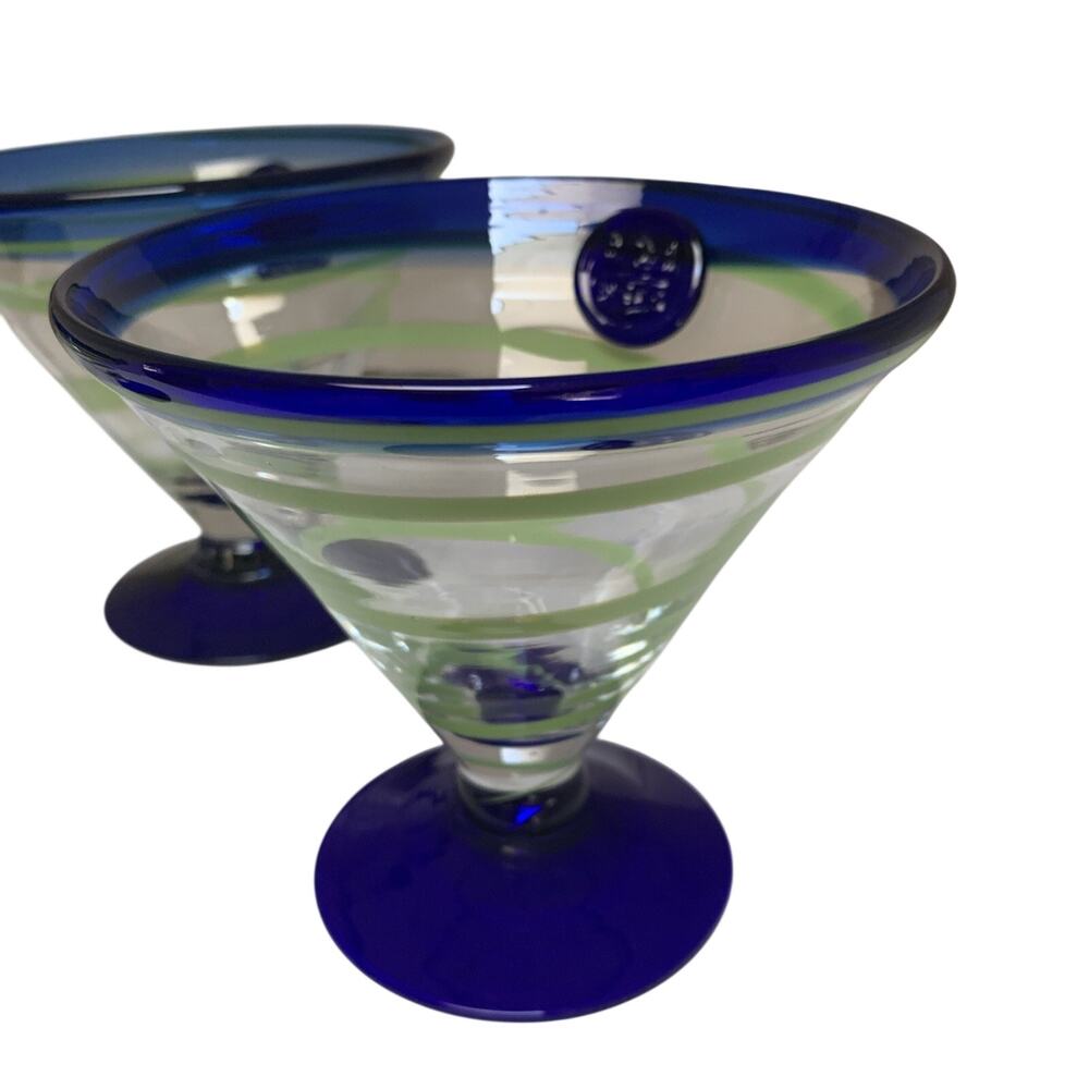 3 Kosta Boda Royal Caribbean Cruise Green Swirl Blue Rimmed Margarita Glasses - Picture 3 of 4